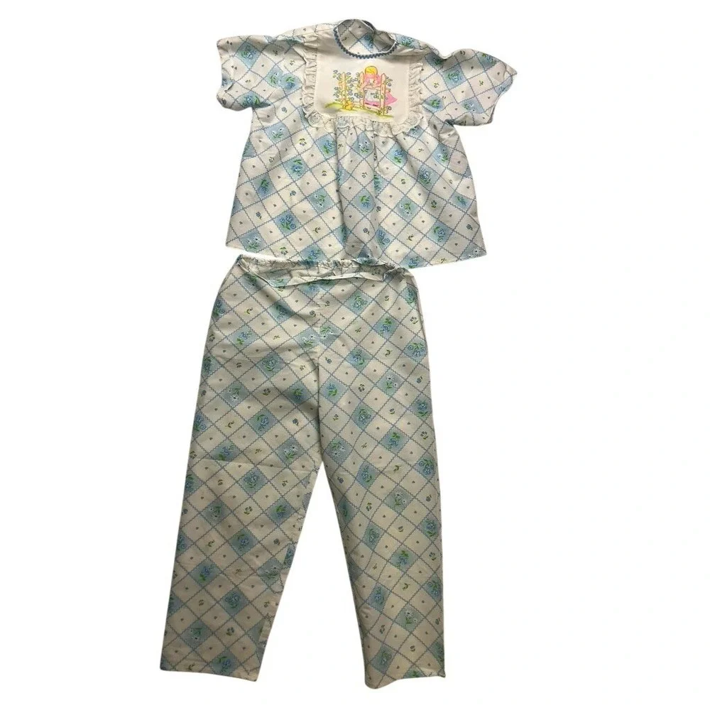 Vintage Pajamas Kids Size 8 Blue White Floral Lace Ruffle 70s Sleepwear Set